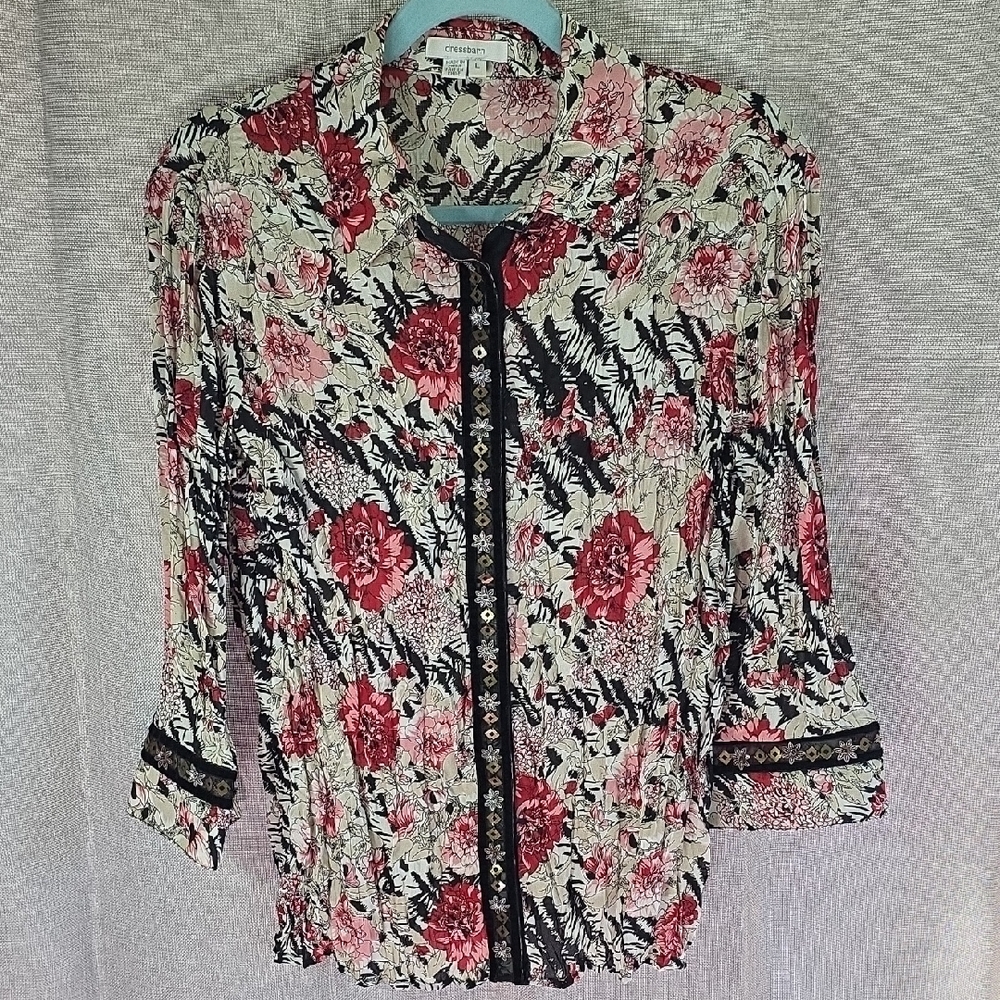 Dress Barn Snap Front 3/4 sleeve Red and Black Floral Blouse H5 CL2025309